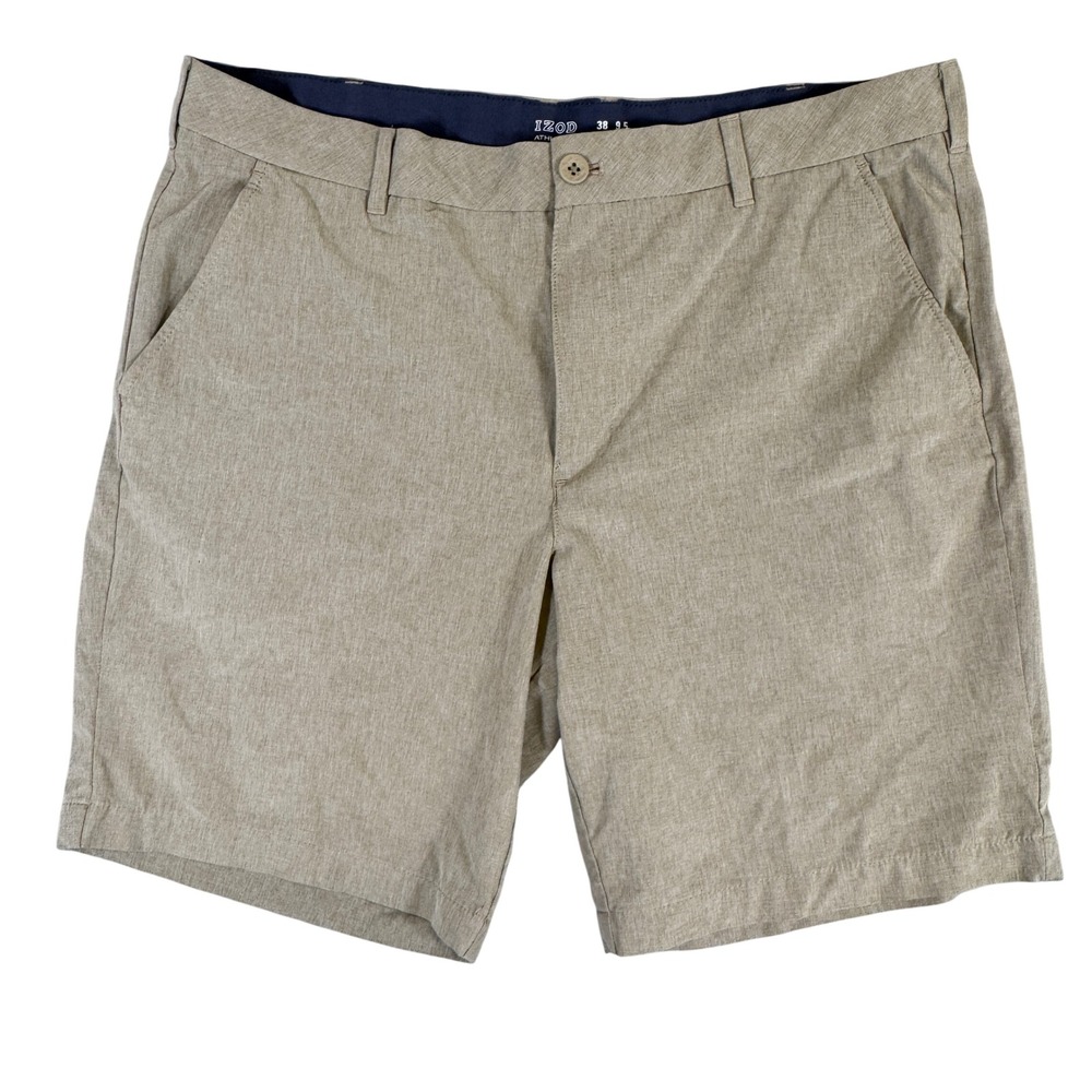 IZOD Athletics Mens Khaki Tan Performance Golf Shorts Size 38 9.5 Inseam Stretch